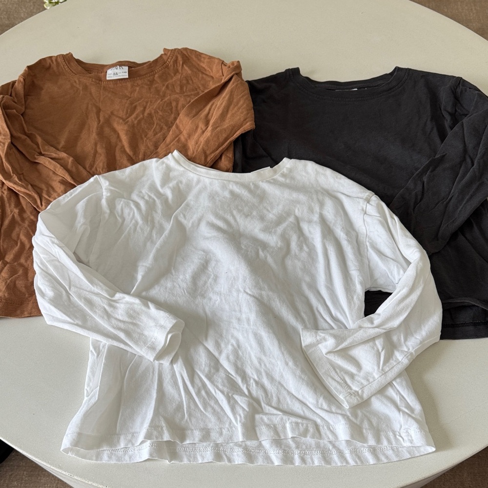 Zara Set of Three Long Sleeve Shirts - Black, White, Brown. Size 4-5
